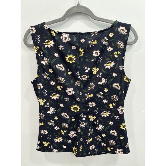 Ann Taylor Floral Sleeveless Top M Navy Tie Front Blouse Career Office Romantic - Picture 2 of 7